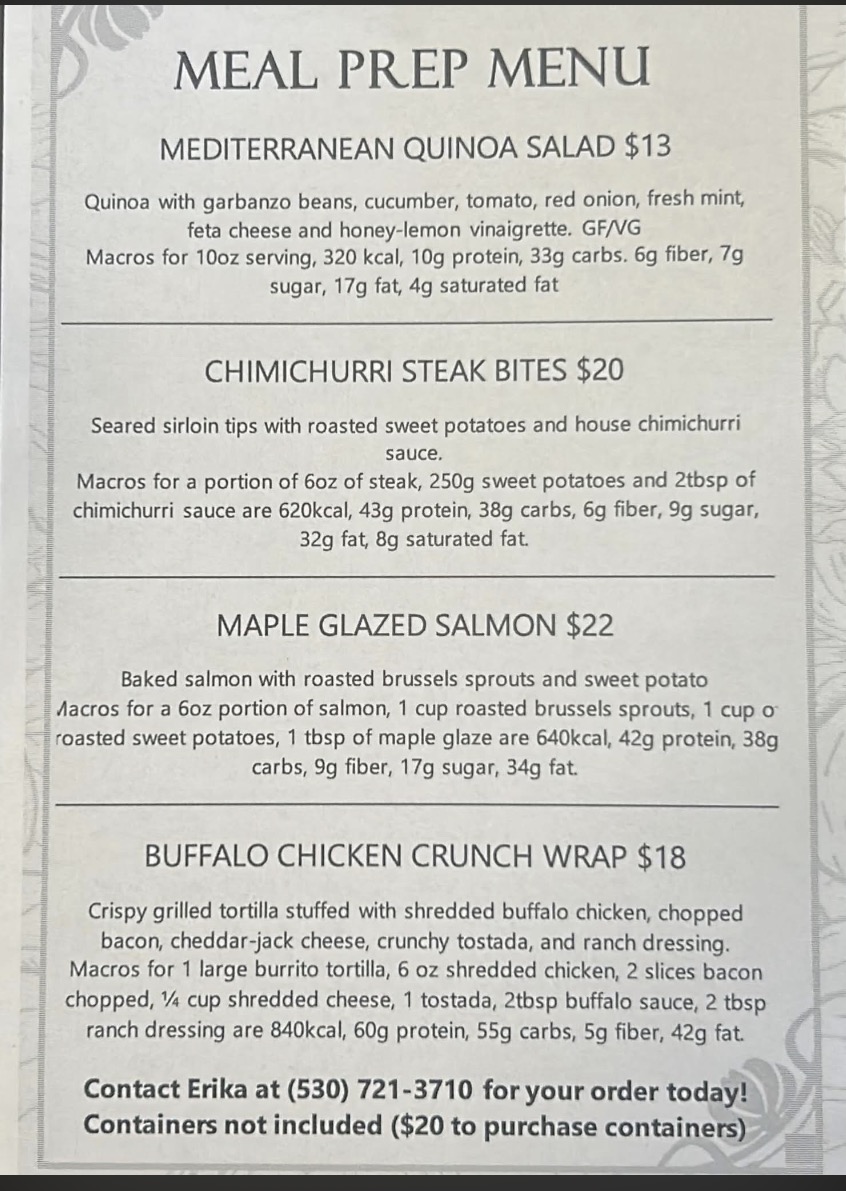 Weekly meal prep menu featuring quinoa salad, steak bites, salmon, and buffalo chicken wraps