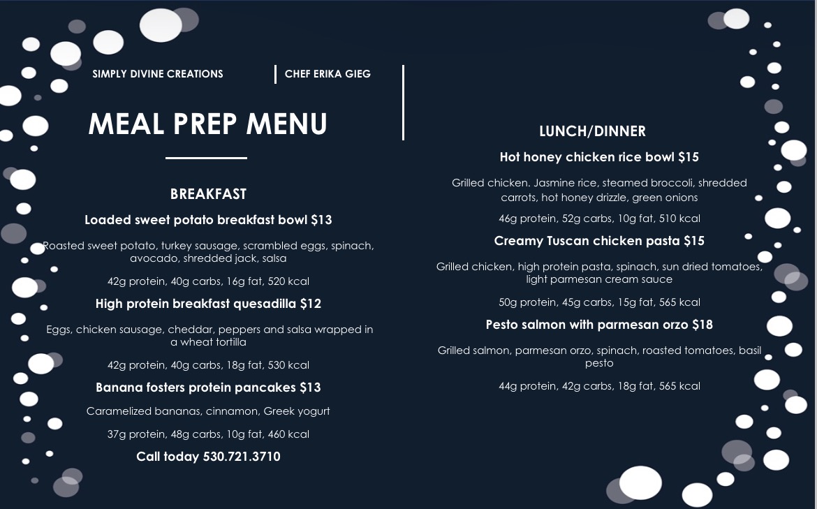 Weekly meal prep menu with breakfast, chicken, pasta, salmon, and rice bowl options