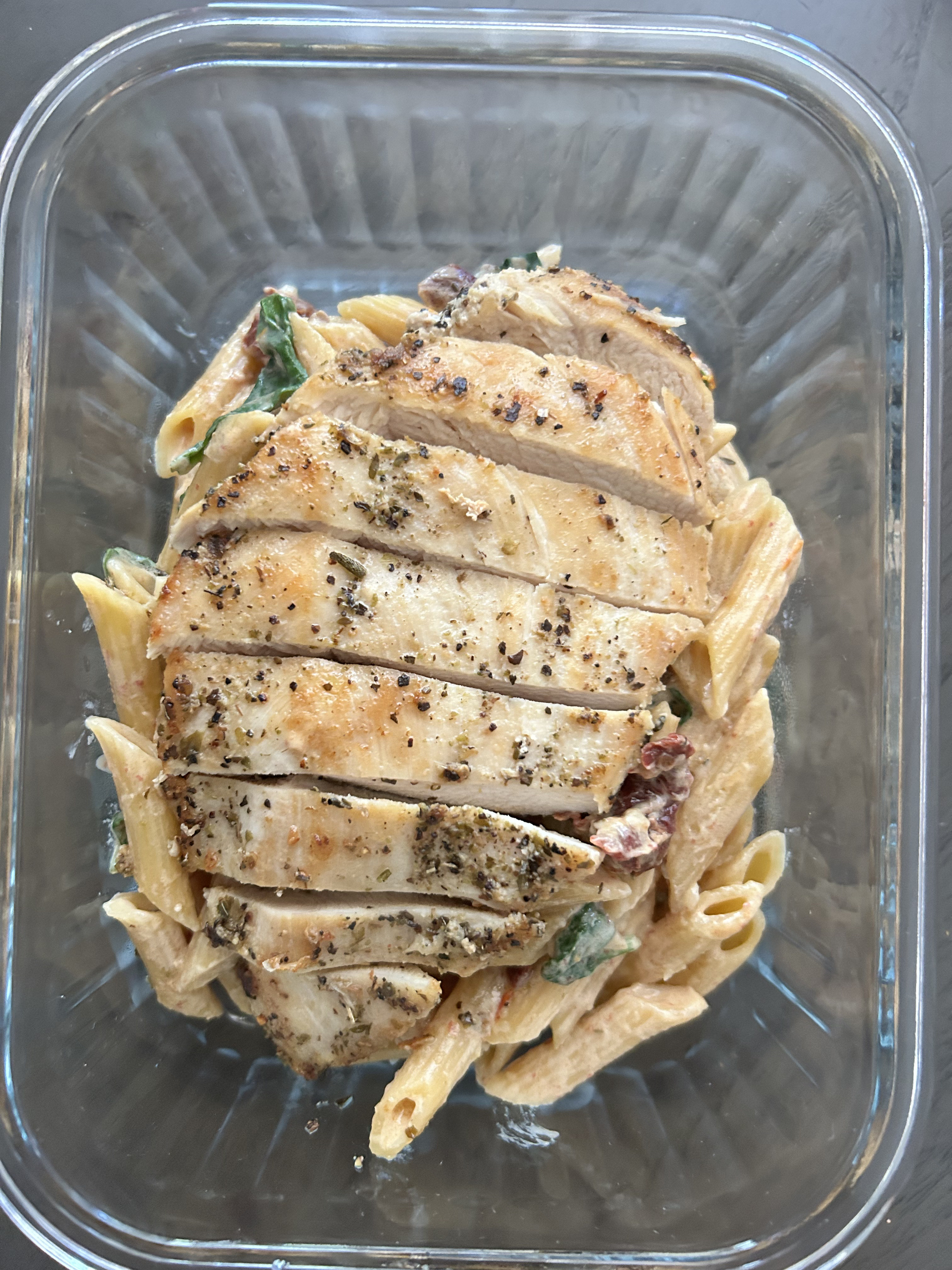 Prepared weekly meal with fresh sides in a meal prep container